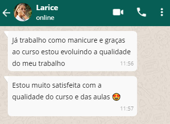Depoimento de aluna Larice sobre a qualidade do curso e das aulas