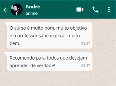 Mensagem de André recomendando o curso