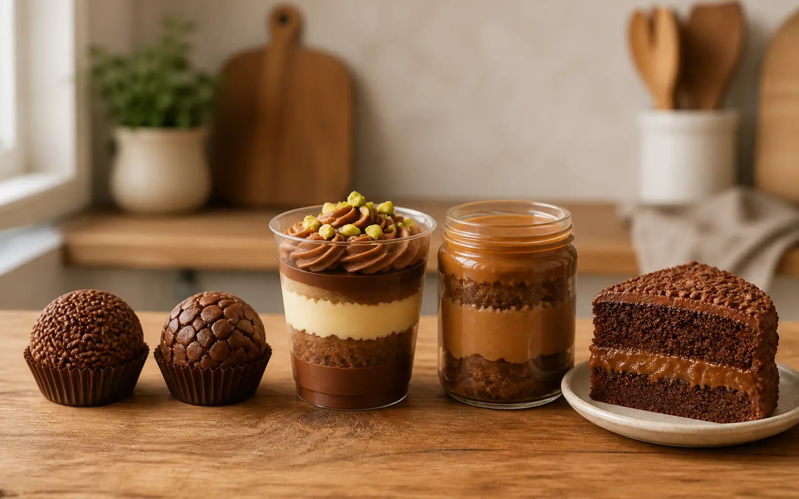 Brigadeiros, copinho, bolo no pote e fatia recheada feitos em cozinha doméstica
