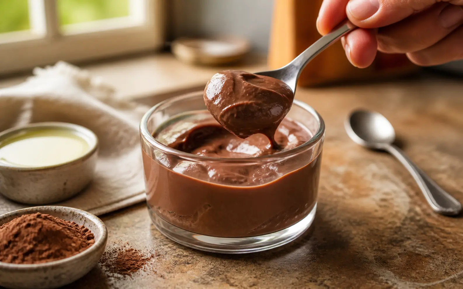Sobremesa cremosa de chocolate sendo servida com uma colher