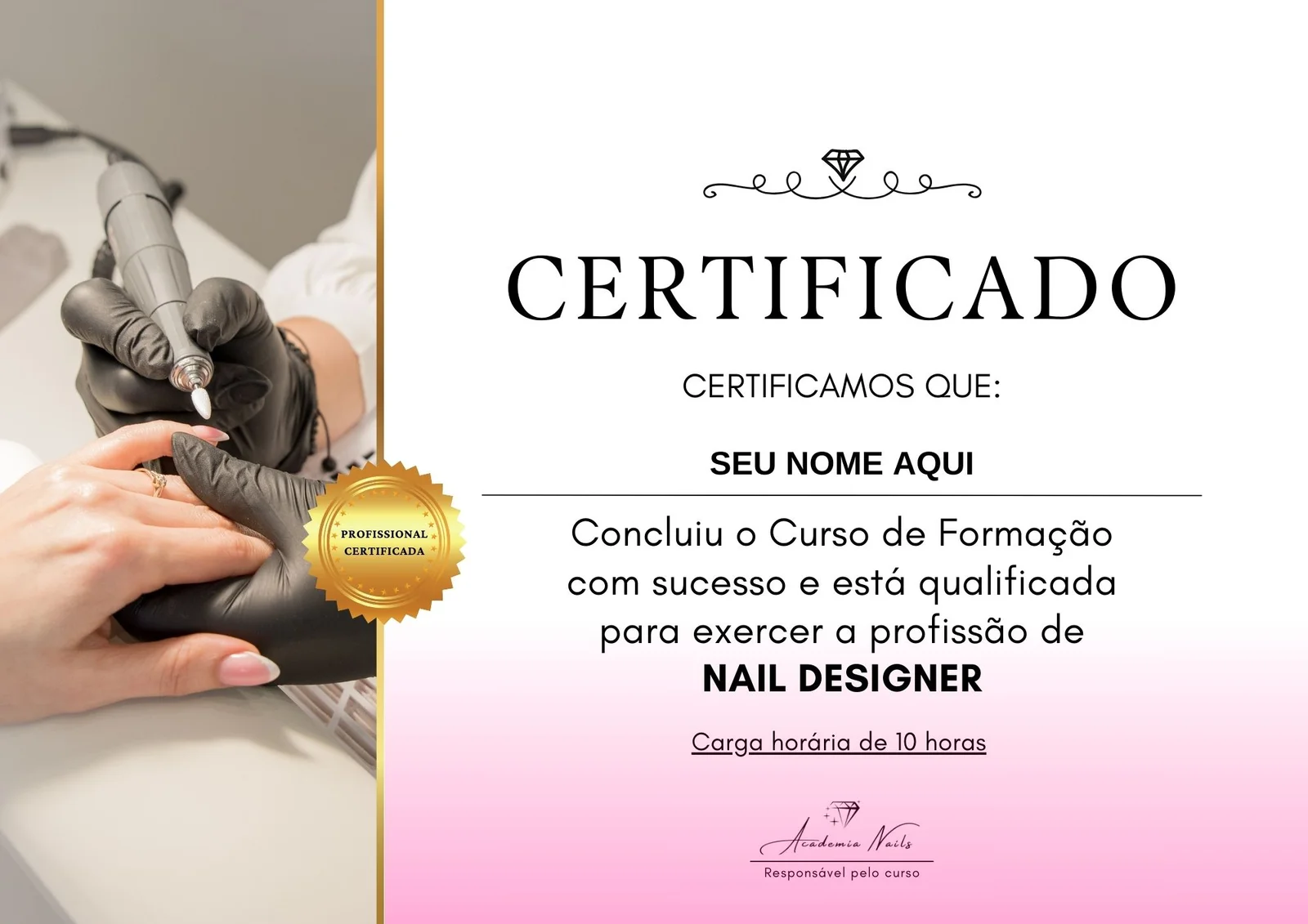 Modelo do certificado de formação Nail Designer